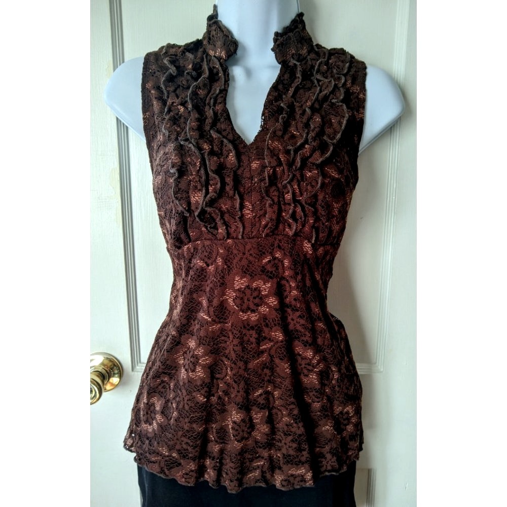 Cato Women’s NWOT Chocolate Brown Lace V-Neck Top w High Collar & Ruffle Detail